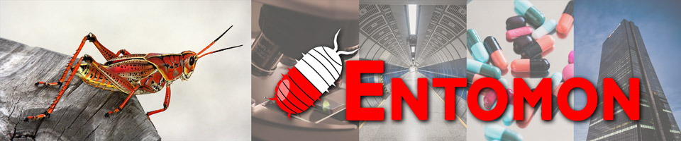 The banner image features a red grasshopper next to images of a microscope, a facility hallway, several pills, and an Entomon building on Earth. The Entomon name and iconic pill-bug logo are displayed in red.