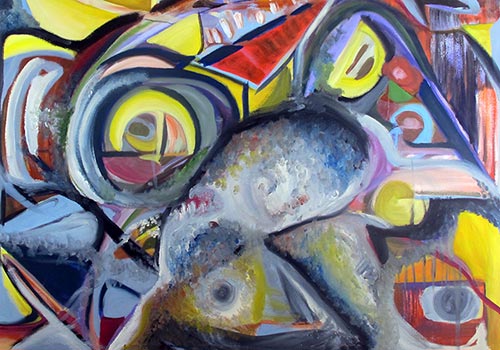 oil painting showing large colorful abstract forms linked to paintings section
