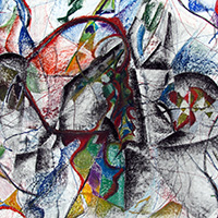 charcoal and multi-color oil pastel abstract form drawing