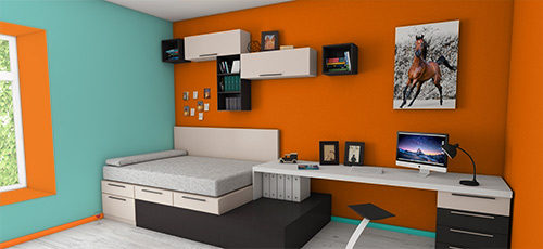 Bedroom with orange and light blue walls and trim