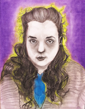 Long-haired woman looks forward.