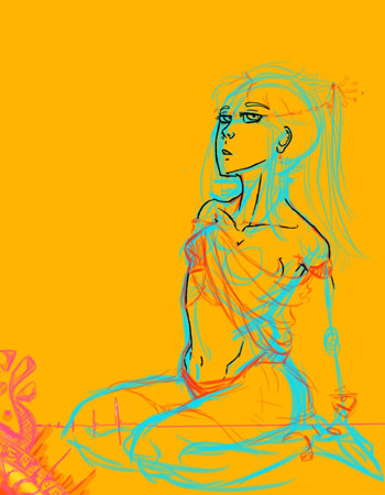 Light blue outline of a woman poses infront of an orange background.
