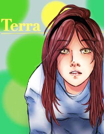 Brunette girl slouched forward infront of a circular green background with the name 'Terra' written there.