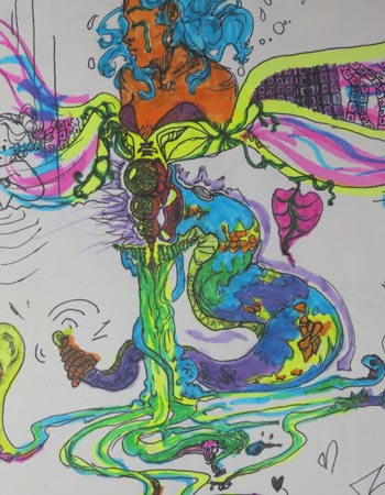 Orange angel sprouting from the grip of a sword, leading to a green blade which morphs into muntiple snakes, while on giant snake attacks the gemstone embedded in the handle.