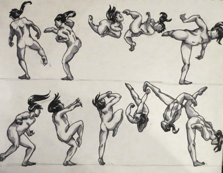 Grey, female figure spins and flips in a series of poses.