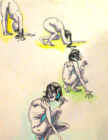 Grey, female figure morphs into a ghoul through a series of poses.