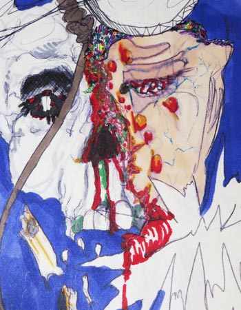Half skull/ half face woman.  Boyles, veins and blood on the face, a rat peeking from the eyesocket of the skull.