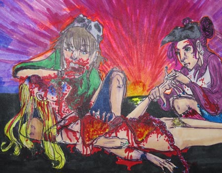 Faceless, blond, bloody exposed corps being eaten by one woman, and robbed by another