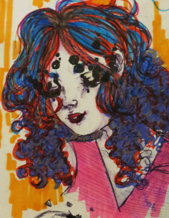 Smirking girl in pink shirt with red and blue hair.