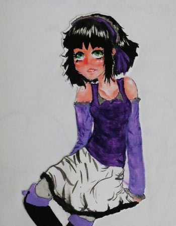 Short-haired girl dressed in purple outfit.