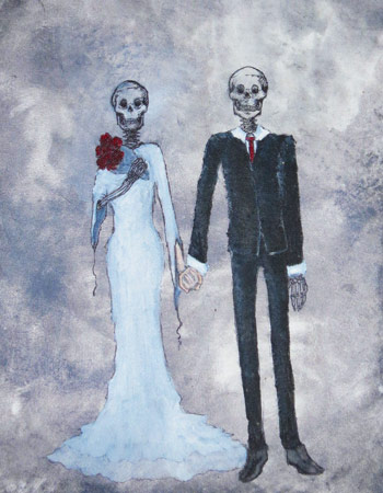 Skeleton bride and groom hold living hands on a grey background.