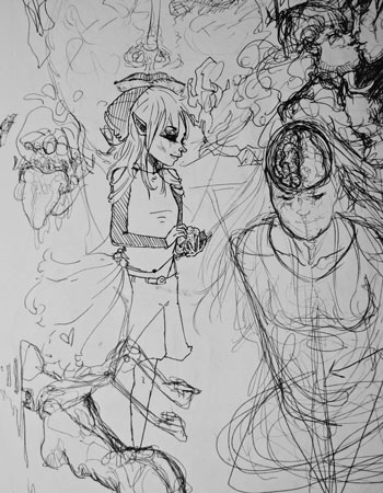 Mouths, forms and faces overlay one another on one page.