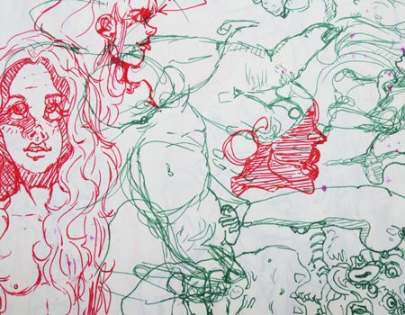 Female figures, forms, eyes, hands, sillhoettes, cominigling on one page.