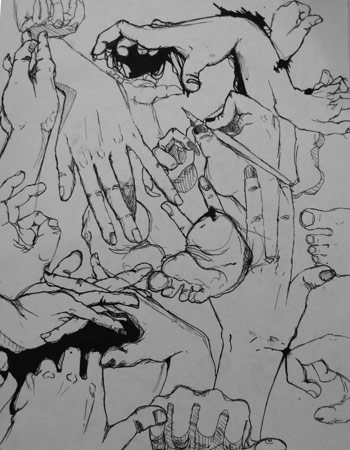 A collage of hands and feet overlapping eachother.
