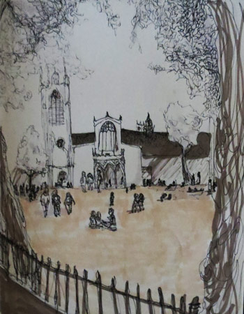 A fence and two trees frame London's 'houses of parlement' while people picnic on the lawn.