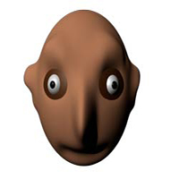Egg shaped head with dark tan skin, white eyes, and black pupils