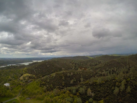 the fork of a lake with some hills