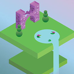 Isometric three dimensional square layout floating above another square. The top square has a castle like gate with bricks, a pond with a waterfall streaming. 