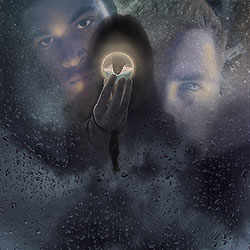 Movie poster project. Layout of a moon reflecting light off a castle, with two large faces centered in the middle. Shadow of a girl holding a glowing orb.
