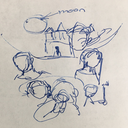 Rough sketch on paper of the placement of the people in the movie poster.