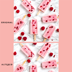 Two vertically side by side pictures of a group of raspberry ice cream bars against a marble surface. The top picture is labeled original and the bottom is labeled altered. The altered version has subtle differences such as some raspberries are missing, in comparison to the top picture.