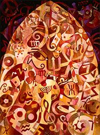 An oil painting of many symbols overlapping each other.