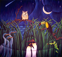 An oil painting of birds and snake.
