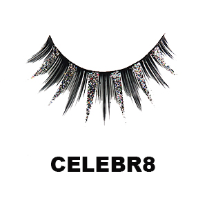 Dramatic volume lash called celebrate. Black band of synthetic lashes with alternating lashes of silver and holographic glitter.