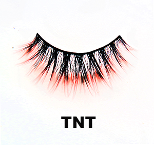 Extra dramatic lash called TNT. Black band with flared synthetic lashes, with the tips dyed neon orange. The middle lashes are lengthier than the left and right hand side, which are equal in length.