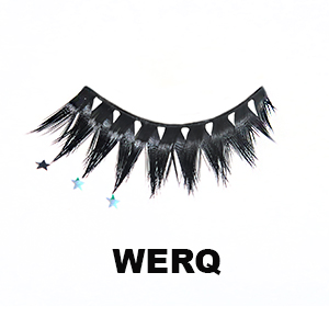 Extra dramatic heavy volume lash called werq, pronounced work. Black band with thick concentrated groups of pointy black lashes smaller from left flaring larger to the right hand side. The right hand side has three holographic stars attached to the ending three lashes.