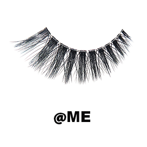 Dramatic volume lash called @me. Invisible band, lashes are grouped in straight bunches flaring small from the left hand side, growing larger to the end of the right hand side.