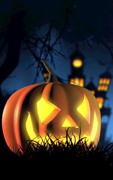 A spooky jack o' lantern infront of a creepy mansion