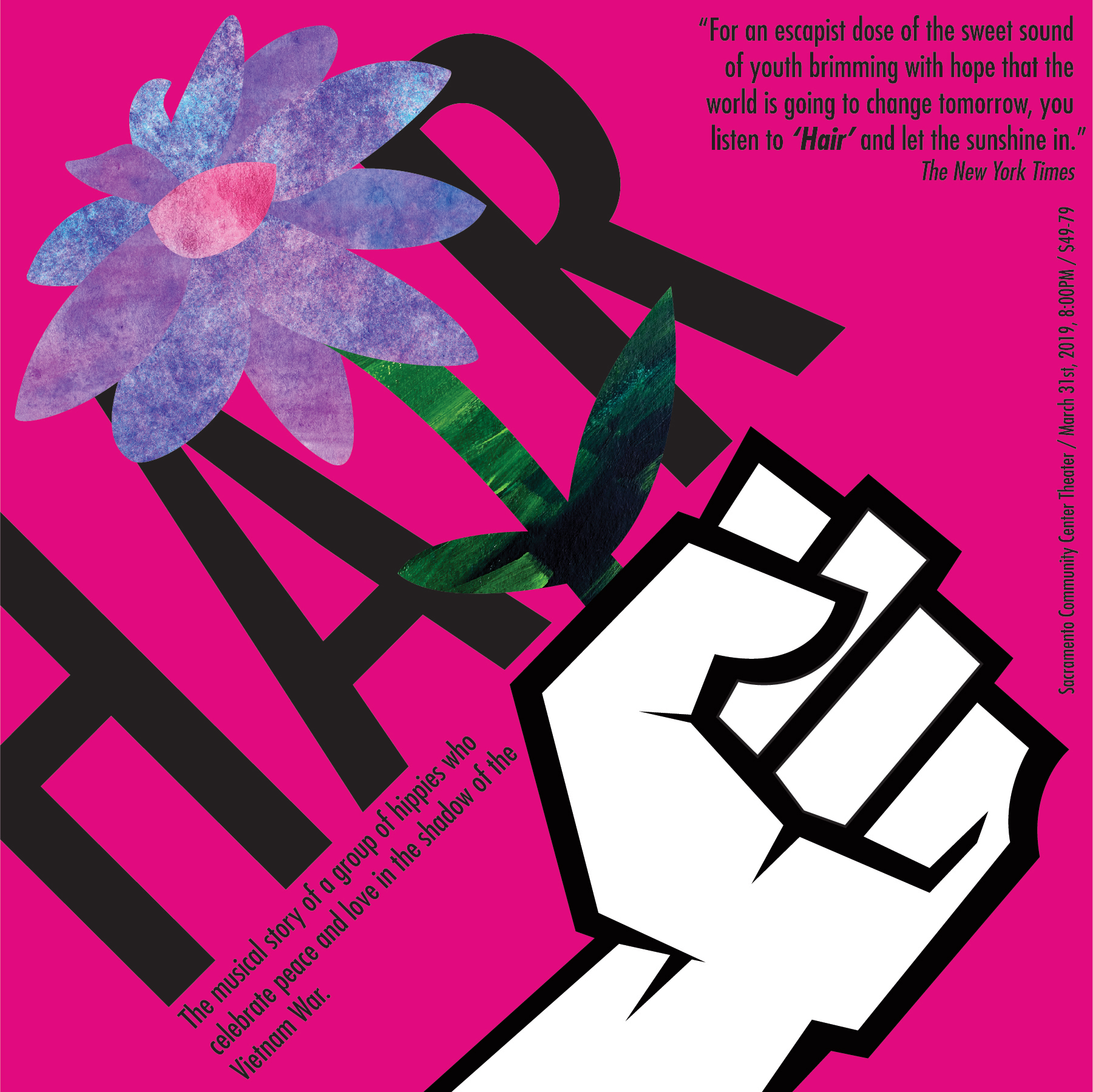 A poster for HAIR, the broadway show, with an illustrated hand holding a flower.