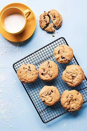 Chocolate chip cookies on baking pan