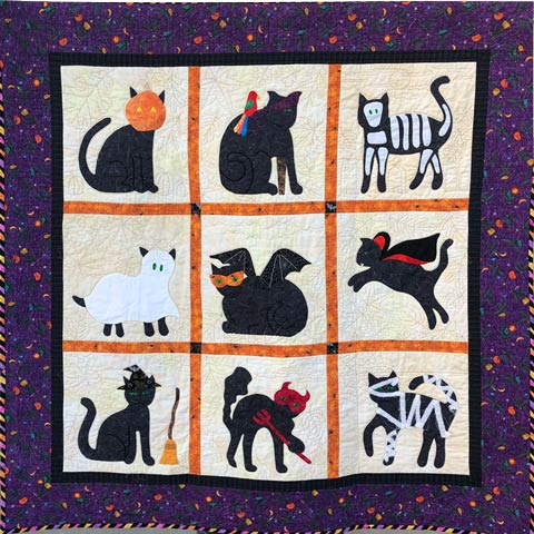 Nine panel Halloween cat quilt