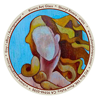 Sylized head of Botticelli's Venus in a circle.