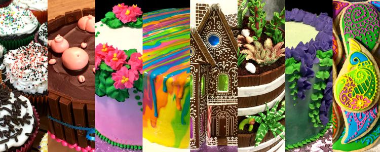 A collage of example cakes that Nadine has previously made.