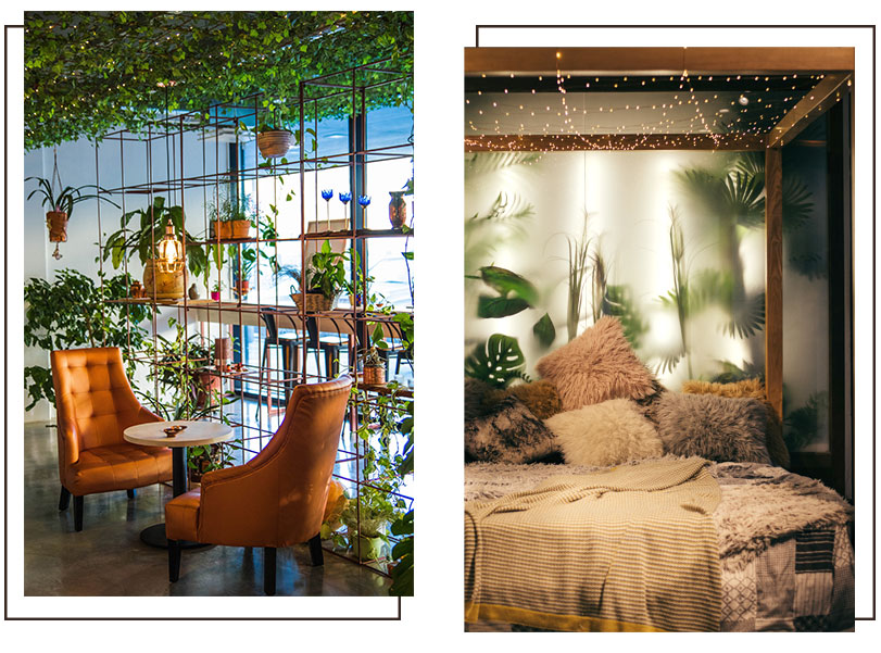 Spaces decorated by Own Interiors: Seating area with hanging plants and cozy bedroom with pastel themed colors and pillows