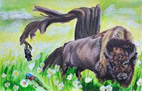 buffalo and hummingbird in a field with flowers and a tree. A gas mask hangs from the tree