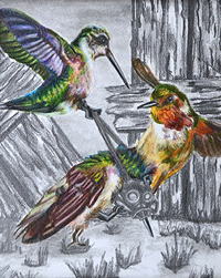 Two hummingbirds try to take the gas mask off of one that is standing. The hummingbird is also trying to take it off, but each hummingbird is pulling a different direction, making it impossible.