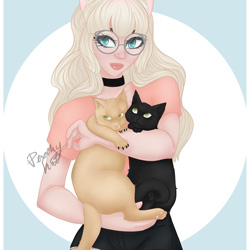 Art work of a friend and her two cats in a half bosy