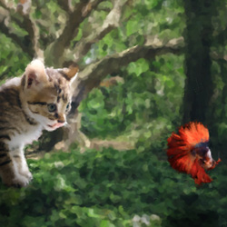 Photoshop Editof a giant kitten about to eat a human sized goldfish.
