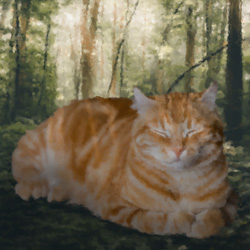 photoshop edit of a giant cat sleeping in the middle fo a forest