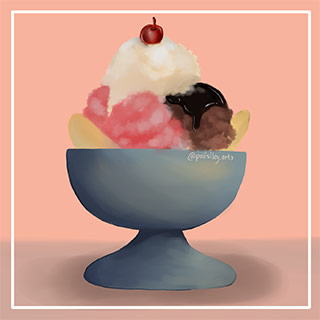Digital drawing of a banana split icecream