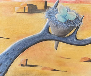 Drawing of three eggs in a nest located in a funnel and balancing on an antler with a cubic desert in the background