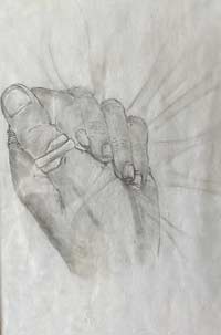 Black and white drawing of a fist with rays of light comong out of it