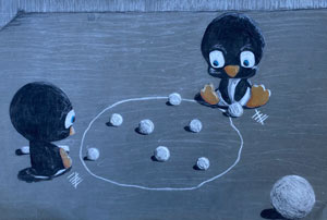 Drawing of two cartoon penguins playing marbles