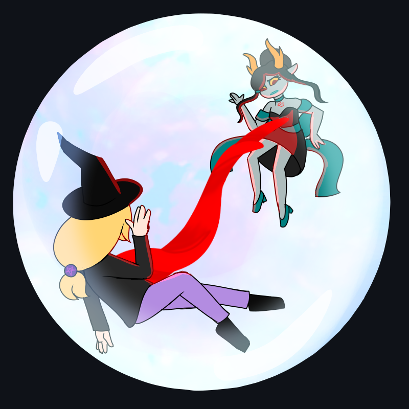 Emma and Viaton floating in a bubble, connected by a red light