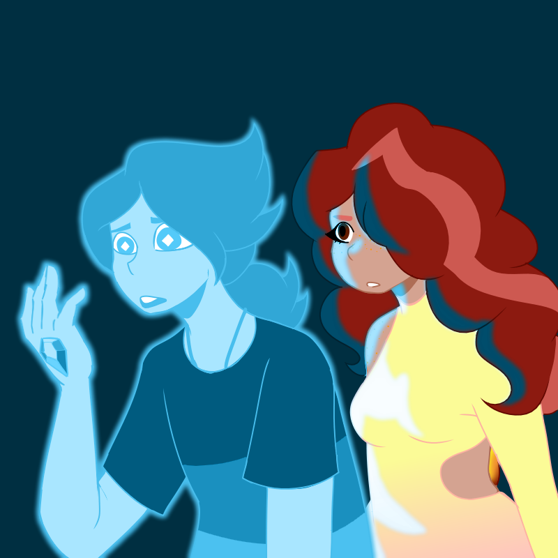 Drake glows blue as his friend Blaire stands behind, both are confused