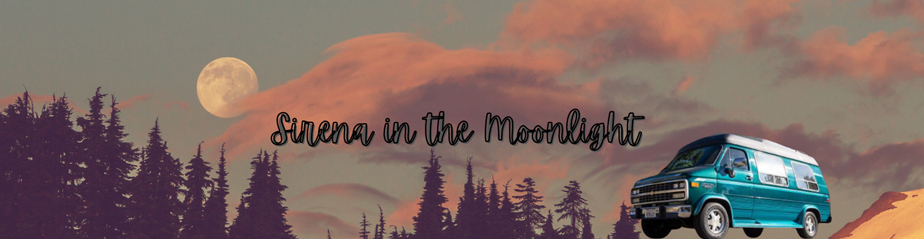 A pink sunset with clouds in the forest with a full moon and a 1995 green chevy van.
